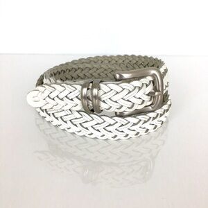 Women’s White Braided Woven Leather Belt Silver Tone Buckle Ladies M/L Cowgirl